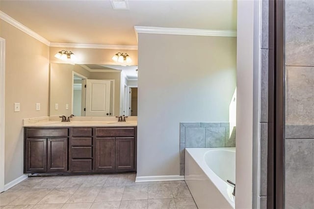 full bathroom featuring a sink, visible vents, baseboards, ornamental molding, and a garden tub