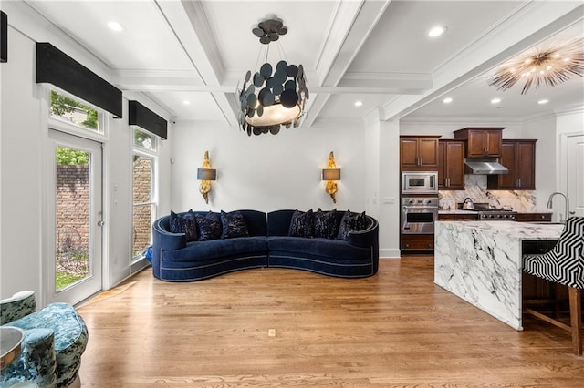 538 Sarabrook Pl, Sandy Springs, GA 30342 - living area with light wood-style flooring, beamed ceiling, recessed lighting, coffered ceiling, and ornamental molding