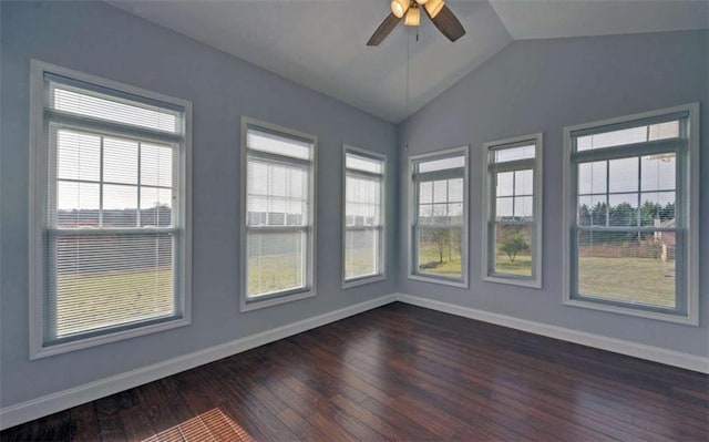 unfurnished sunroom with ceiling fan and lofted ceiling