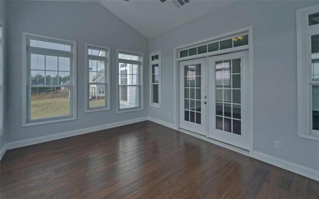 unfurnished sunroom featuring french doors, ceiling fan, and lofted ceiling