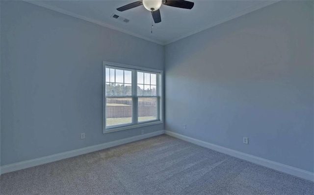 unfurnished room featuring crown molding, ceiling fan, and carpet flooring