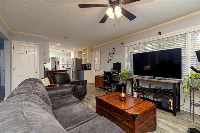 255 Shipp Cir, Hiram, GA 30141 - living area featuring light wood-style floors, ornamental molding, ceiling fan, and a textured ceiling
