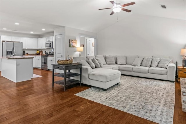 1081 Oak Hill Ln, Madison, GA 30650 - living room featuring a ceiling fan, dark wood-style floors, recessed lighting, and vaulted ceiling