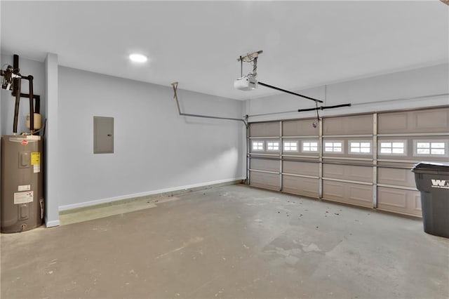 garage featuring electric panel, baseboards, a garage door opener, and electric water heater