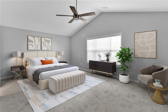 bedroom with light colored carpet, vaulted ceiling, visible vents, and baseboards