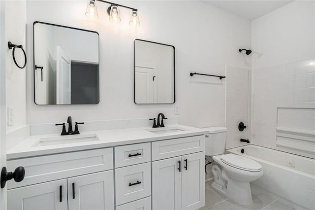 full bathroom with tile patterned flooring, vanity,  shower combination, and toilet