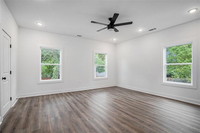 empty room featuring a wealth of natural light, ceiling fan, and dark wood-type flooring