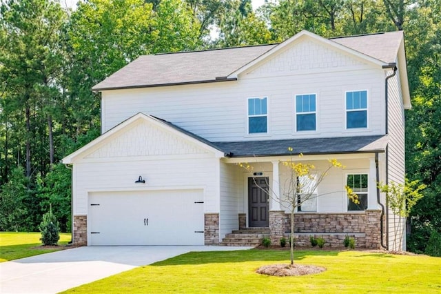 view of front facade with stone siding, a front lawn, driveway, and a garage