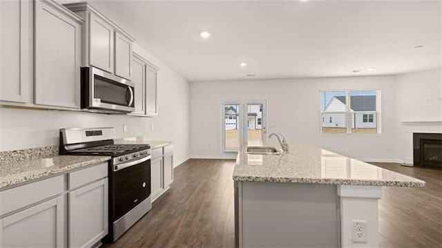 kitchen with dark wood finished floors, stainless steel appliances, a kitchen island with sink, and a sink
