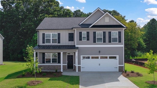 craftsman inspired home featuring driveway, roof with shingles, a front lawn, a garage, and board and batten siding