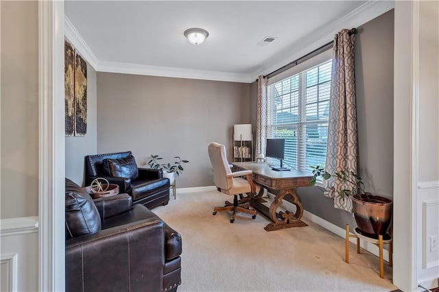 office area with ornamental molding and carpet flooring