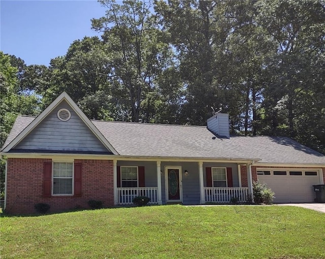 ranch-style house with a garage, a porch, and a front lawn