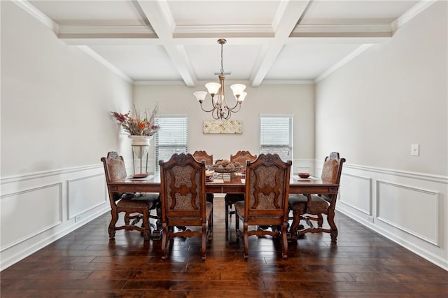 dining area featuring beamed ceiling, coffered ceiling, dark wood finished floors, and an inviting chandelier