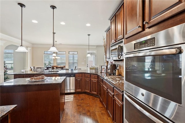 kitchen featuring dark wood-style floors, ornamental molding, stainless steel appliances, and decorative light fixtures