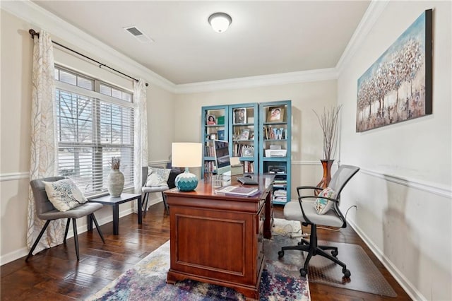 home office with ornamental molding, visible vents, dark wood finished floors, and baseboards