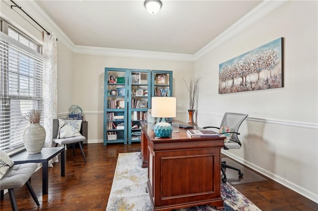 office space with dark wood finished floors, crown molding, and baseboards