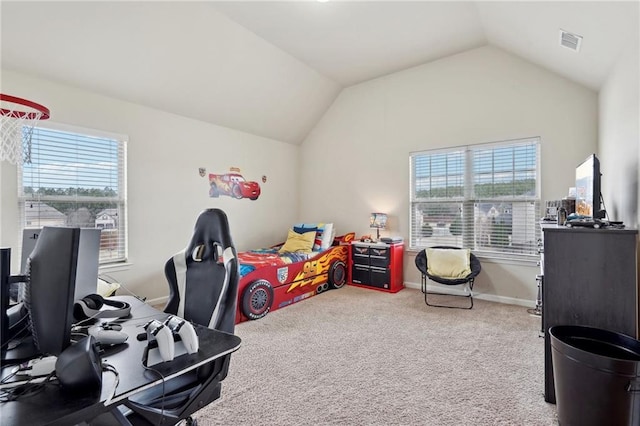 interior space featuring visible vents, vaulted ceiling, and baseboards