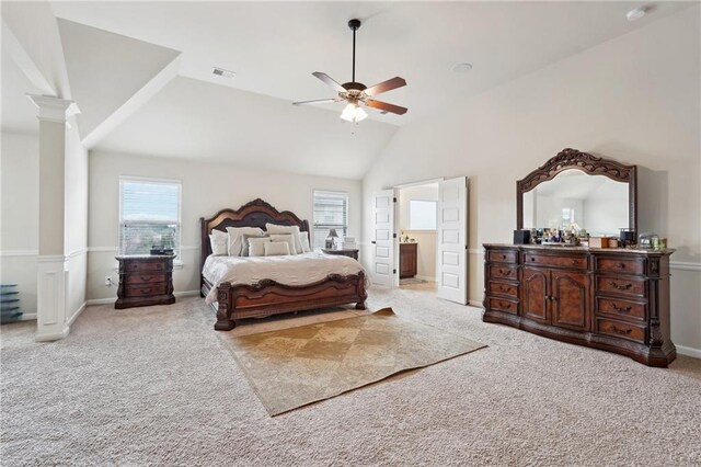 bedroom with ornate columns, light colored carpet, visible vents, a ceiling fan, and baseboards