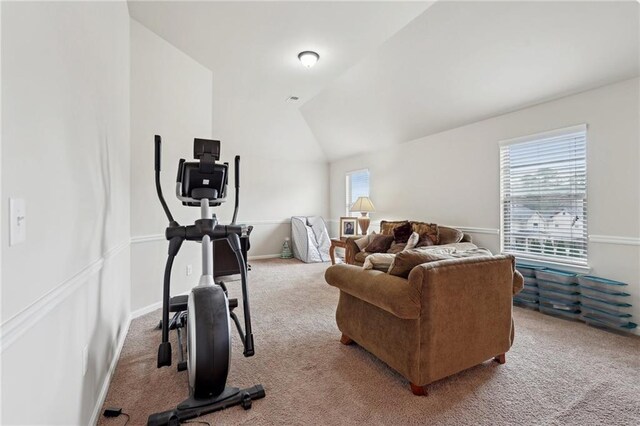 exercise room featuring lofted ceiling, baseboards, and light colored carpet