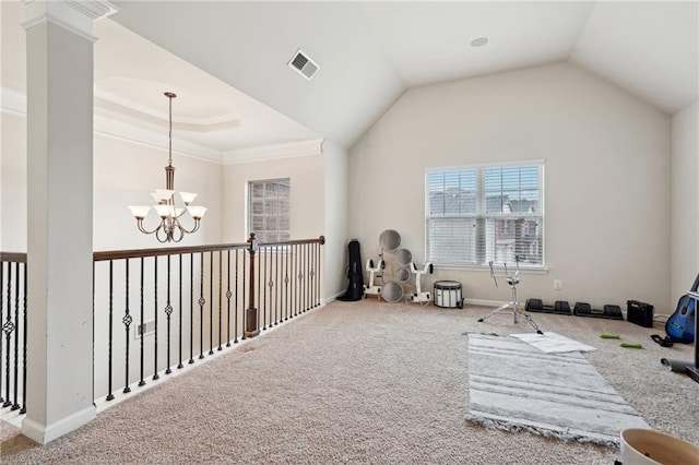 bonus room with lofted ceiling, carpet, visible vents, and a chandelier