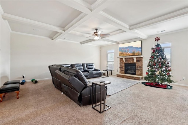 living room with coffered ceiling, visible vents, beamed ceiling, and a fireplace