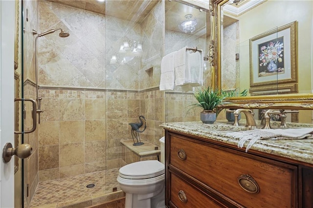 full bathroom featuring toilet, a stall shower, and vanity