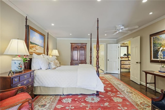 bedroom with dark wood-style floors, baseboards, ornamental molding, and recessed lighting