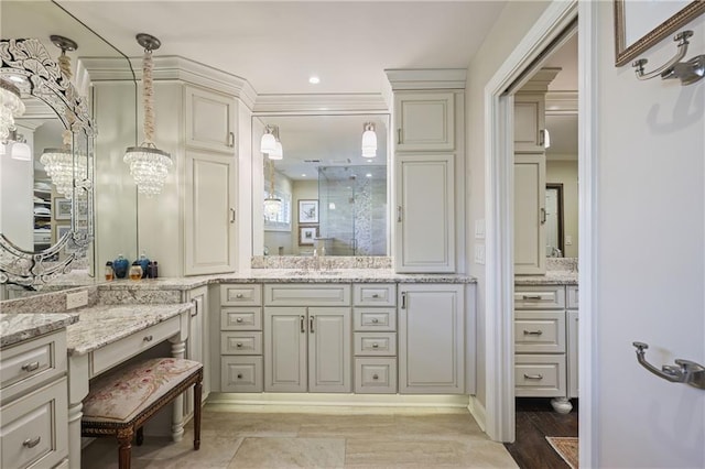 full bath with a shower and vanity