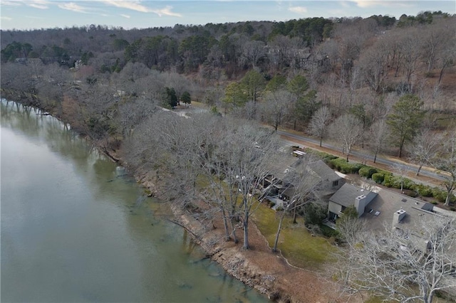 aerial view featuring a water view and a view of trees