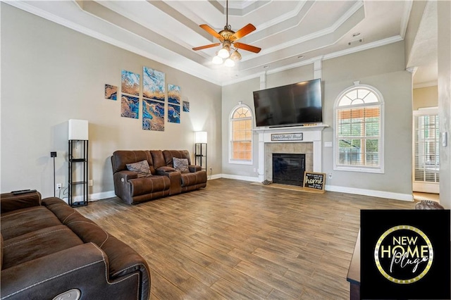 living area featuring baseboards, a raised ceiling, ornamental molding, wood finished floors, and a fireplace