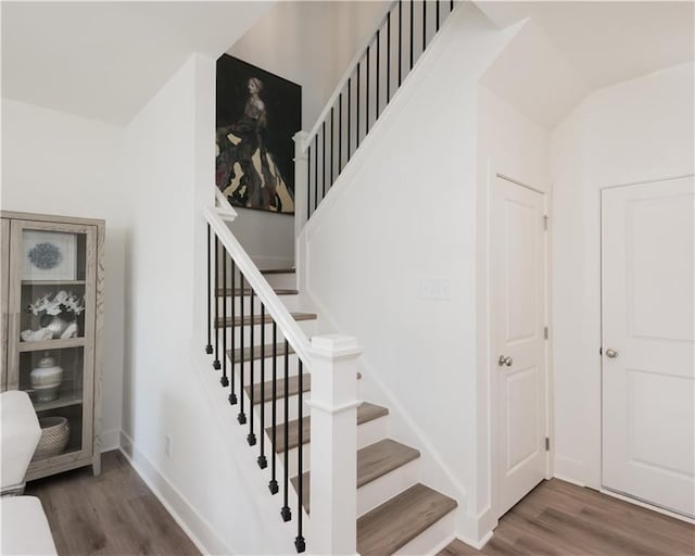 staircase with hardwood / wood-style floors