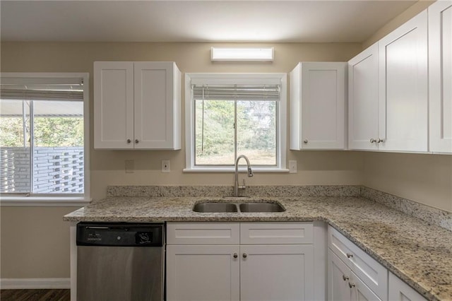 kitchen featuring dishwasher, sink, and white cabinets