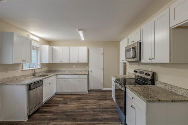 kitchen with dark wood-type flooring, sink, white cabinetry, light stone counters, and stainless steel appliances