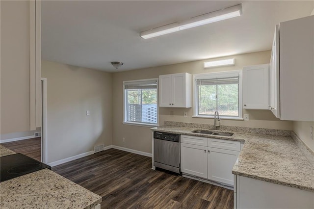 kitchen with sink, stainless steel dishwasher, dark hardwood / wood-style flooring, light stone countertops, and white cabinets