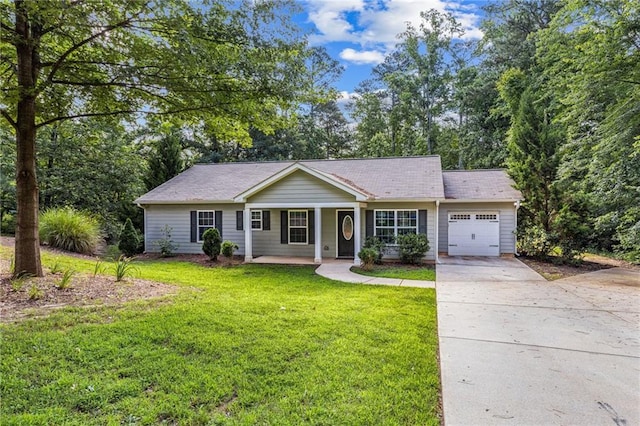 5706 Forest Pl, Acworth, GA 30102 - ranch-style house with an attached garage, driveway, covered porch, and a front lawn