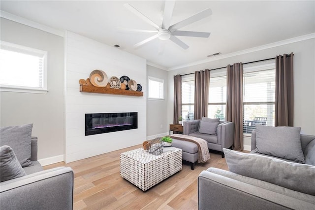 412 Southbridge Pass, Peachtree City, GA 30269 - living room with a fireplace, light wood-type flooring, ornamental molding, and a ceiling fan