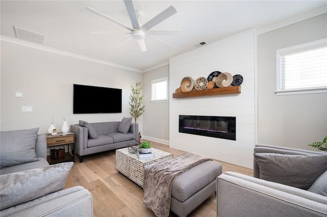 living room featuring crown molding, a large fireplace, light hardwood / wood-style floors, and a wealth of natural light