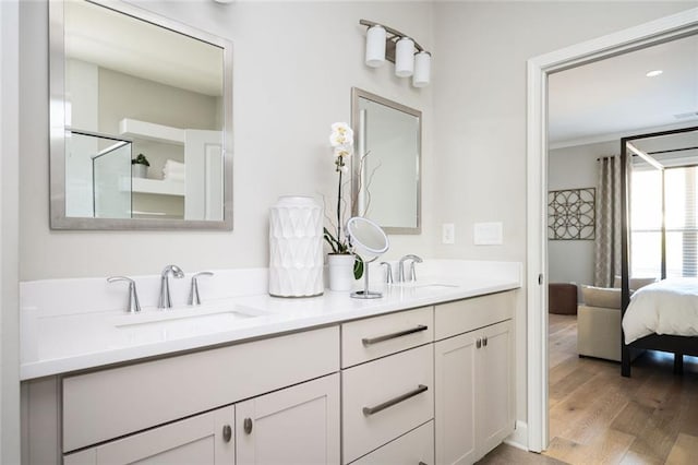 bathroom with vanity and hardwood / wood-style floors