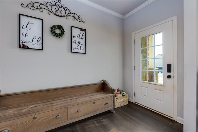 interior space featuring dark wood-type flooring, crown molding, and baseboards