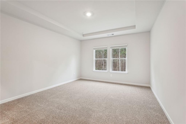 carpeted empty room featuring a tray ceiling