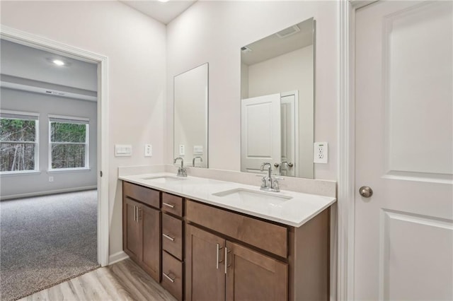 bathroom featuring vanity and hardwood / wood-style flooring