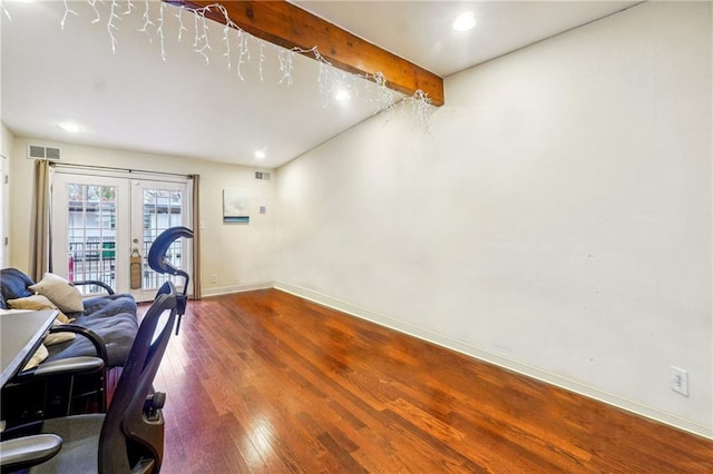 office area with french doors, beamed ceiling, and hardwood / wood-style flooring