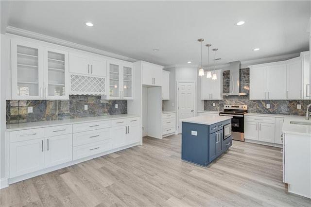 1226 Bloomsbury Ln, Gainesville, GA 30501 - kitchen with wall chimney range hood, electric range, white cabinetry, a sink, and backsplash