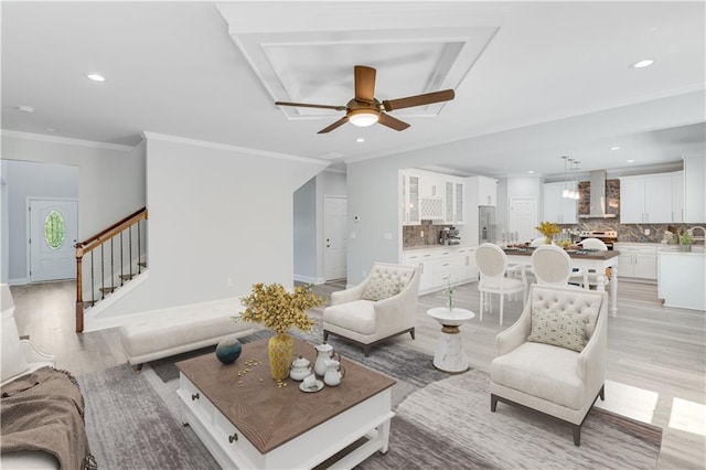 1226 Bloomsbury Ln, Gainesville, GA 30501 - living area featuring recessed lighting, light wood-type flooring, ceiling fan, ornamental molding, and baseboards