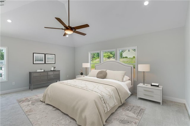 1226 Bloomsbury Ln, Gainesville, GA 30501 - bedroom featuring light carpet, baseboards, recessed lighting, lofted ceiling, and ceiling fan