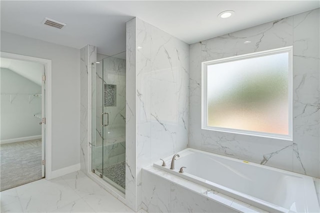 1226 Bloomsbury Ln, Gainesville, GA 30501 - full bathroom featuring healthy amount of natural light, a garden tub, a marble finish shower, and a spacious closet