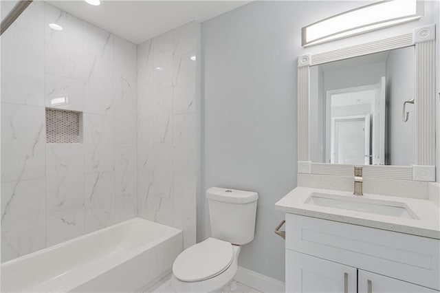 1226 Bloomsbury Ln, Gainesville, GA 30501 - bathroom featuring vanity, marble finish floors, toilet, shower / bathtub combination, and baseboards