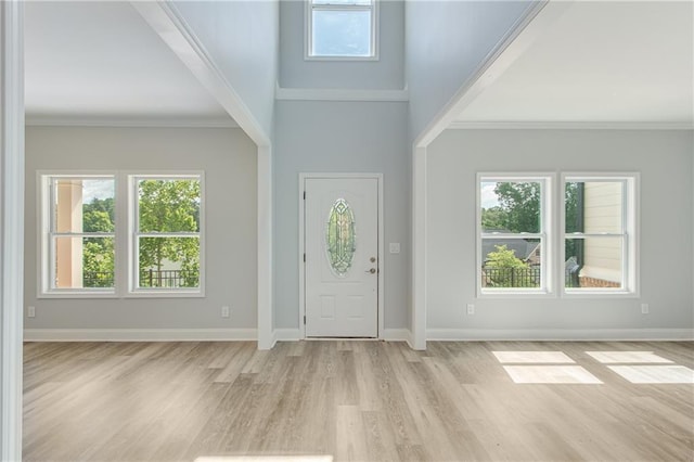 1226 Bloomsbury Ln, Gainesville, GA 30501 - entrance foyer featuring light wood-style floors, baseboards, a towering ceiling, and ornamental molding