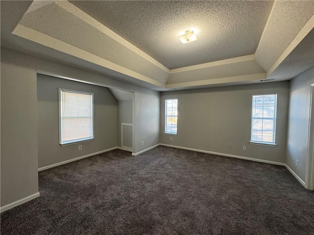 interior space with dark colored carpet, a textured ceiling, and a tray ceiling