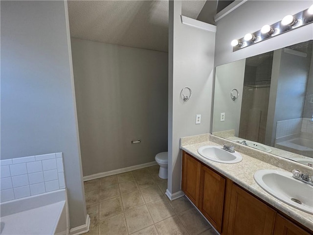 full bathroom with a textured ceiling, vanity, separate shower and tub, tile patterned flooring, and toilet